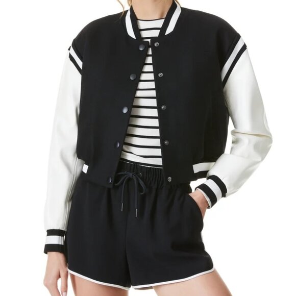 Alice and Olivia KERI VEGAN LEATHER VARSITY JACKET - Picture 1 of 14